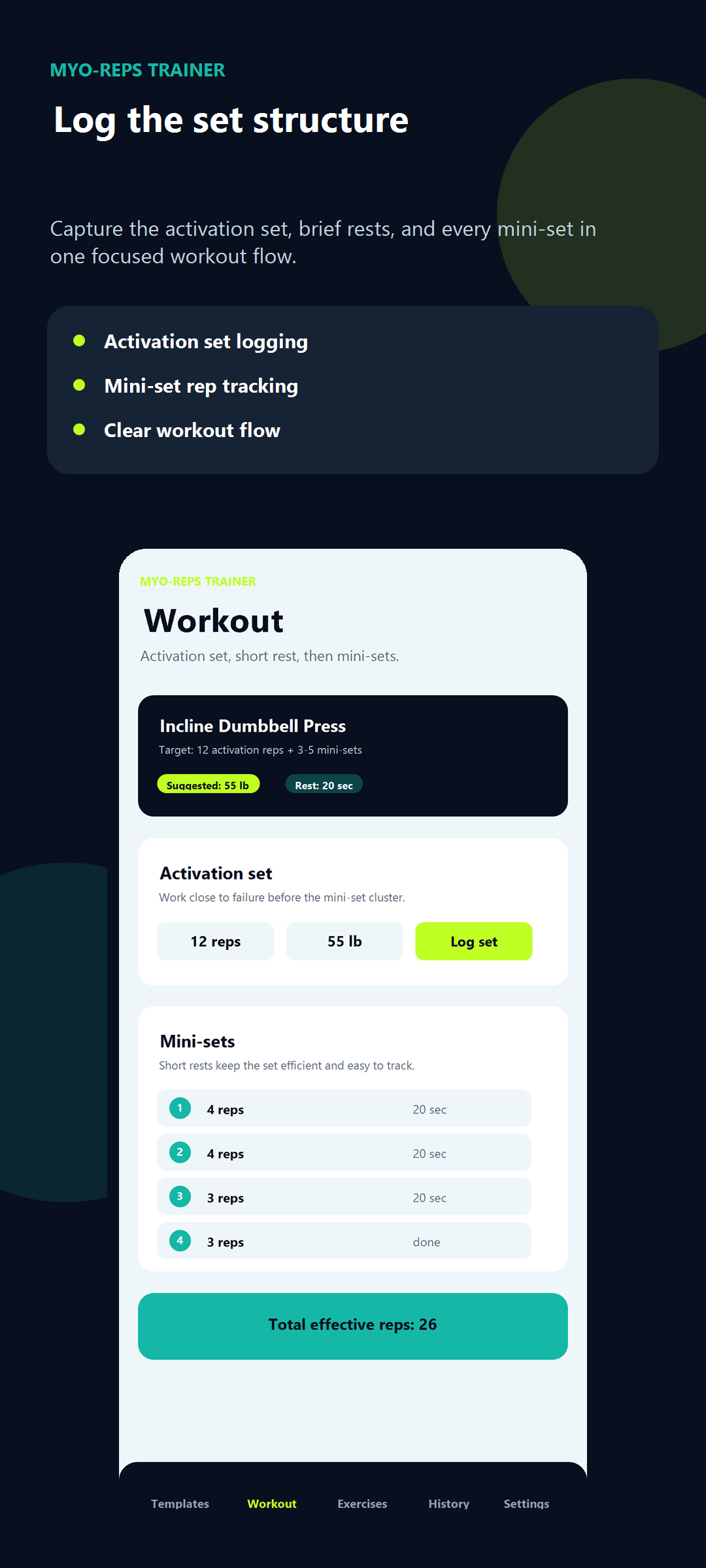 Myo-Reps Trainer workout logging screenshot