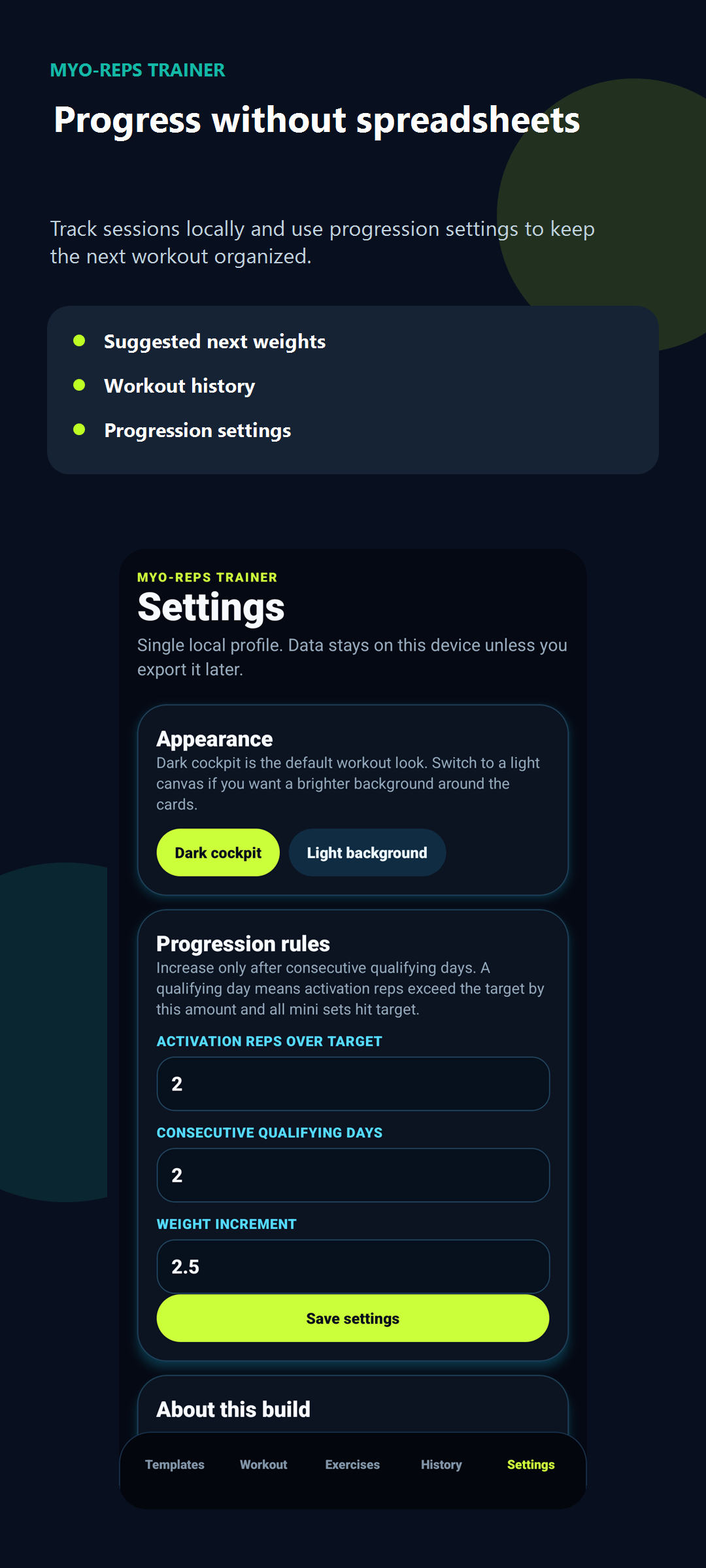 Myo-Reps Trainer progress and history screenshot